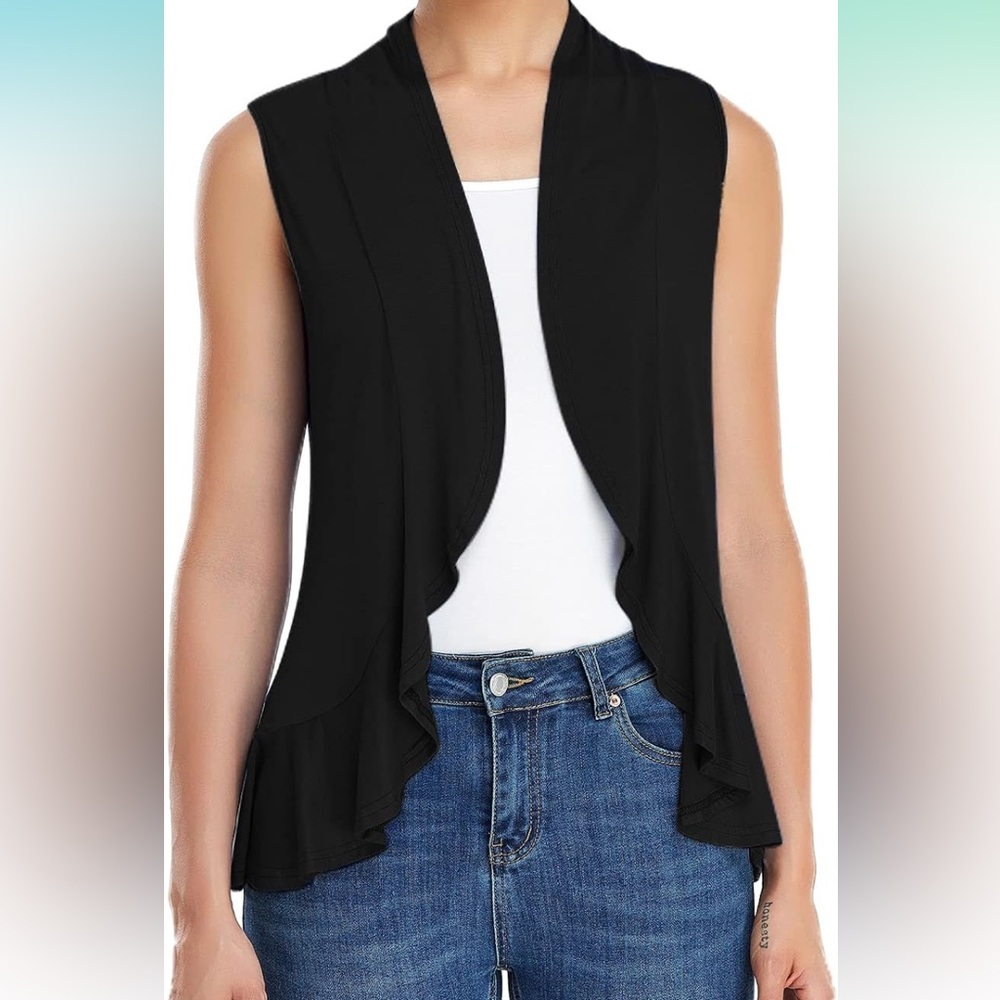 Black flowy circle vest with ruffled hem